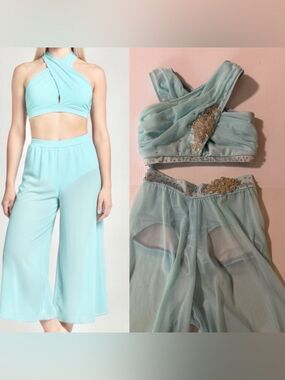The Line up solo dance costume 2 piece blue wide leg illusion XXS adult
